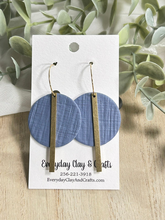 Circle with Gold Bar on Hoop Earrings -  Dusty Blue