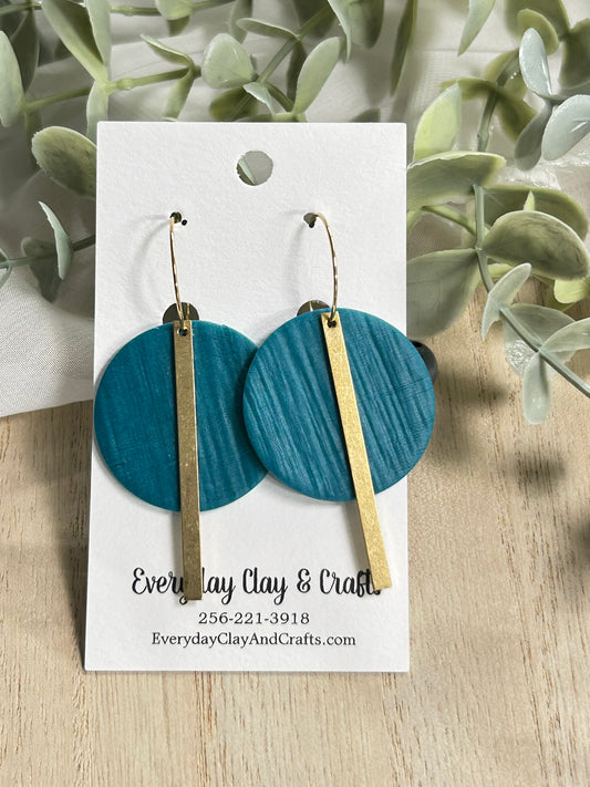 Circle with Gold Bar on Hoop Earrings - Teal